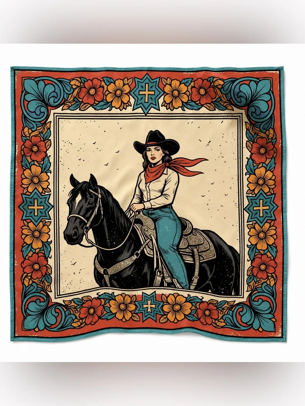 NWT Western Cowgirl Wild Rag Scarf Horse Floral Bandana 28” Square